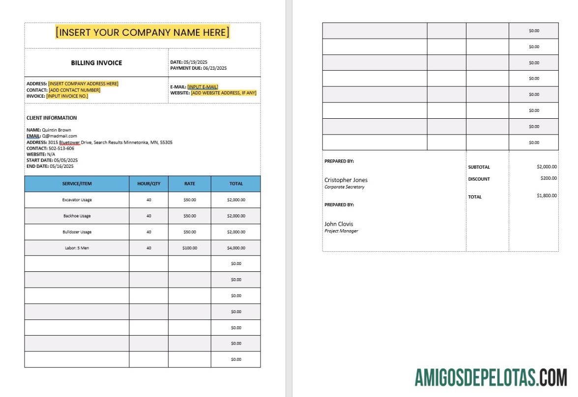 realista Modelo de fatura de cobrança de construção